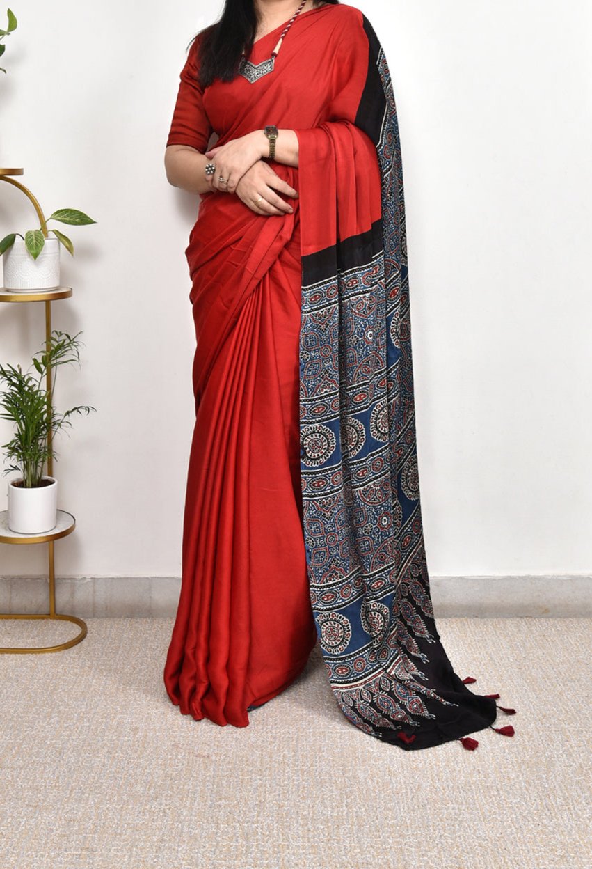 RED PLAIN MODAL SILK DIGITAL PRINTED SAREE