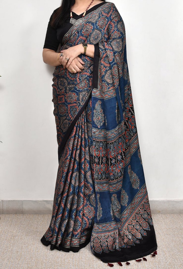 NAVY BLUE MODAL SILK DIGITAL PRINTED SAREE