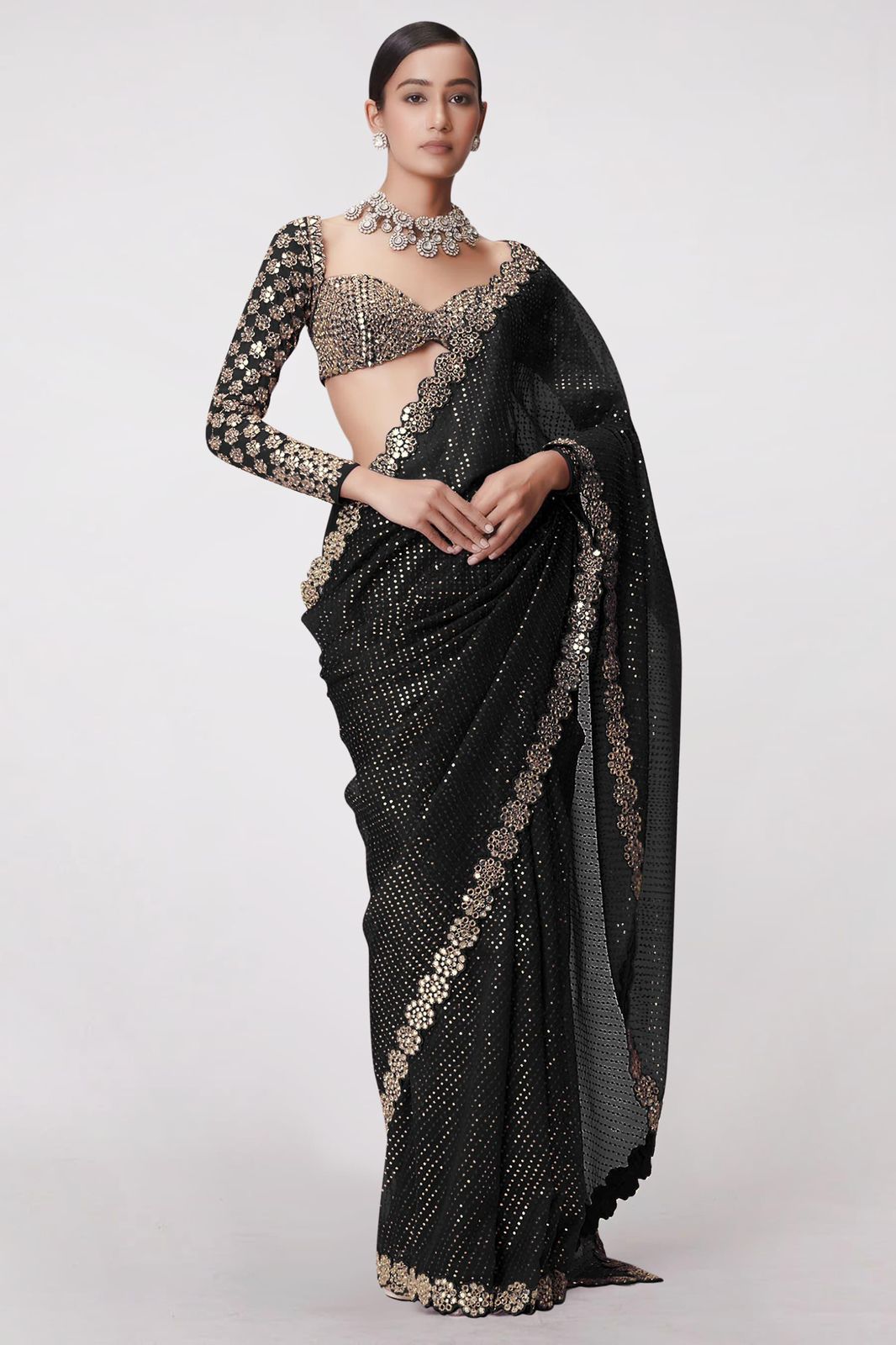 Trending Premium Real Mirror Work Saree With Mirror Blouse