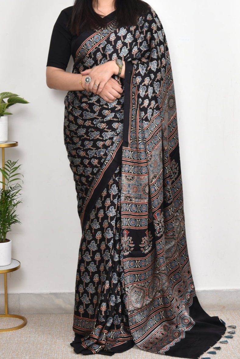 BLACK MODAL SILK DIGITAL PRINTED SAREE
