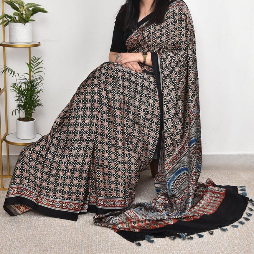 BLACK AND NAVY BLUE  MODAL SILK DIGITAL PRINTED SAREE