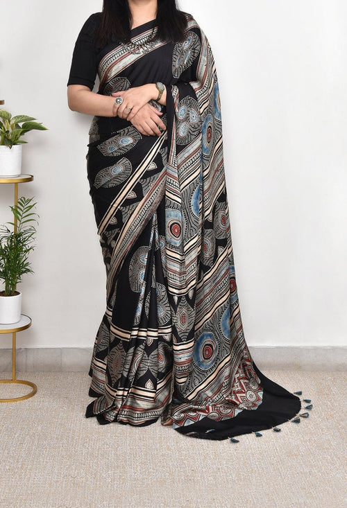 BLACK AND BLUE EYES MODAL SILK DIGITAL PRINTED SAREE
