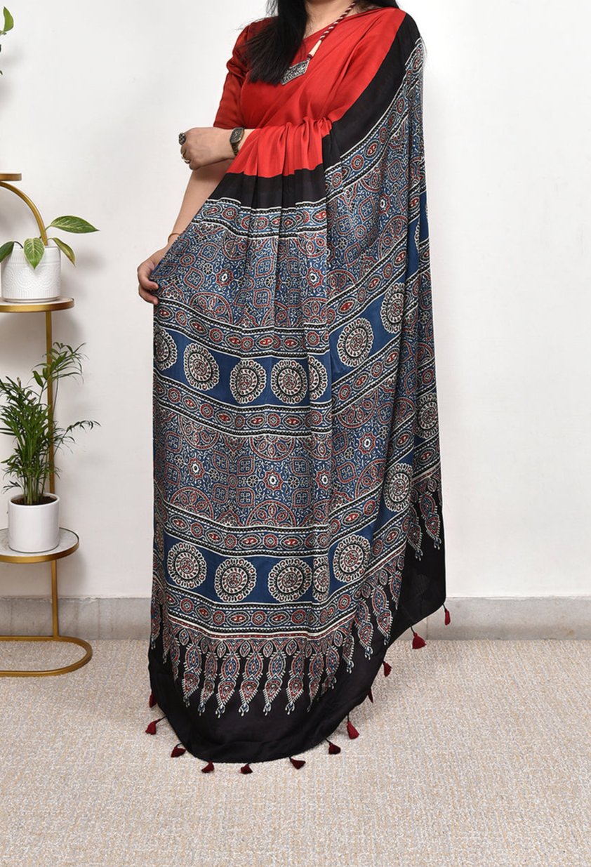 RED PLAIN MODAL SILK DIGITAL PRINTED SAREE