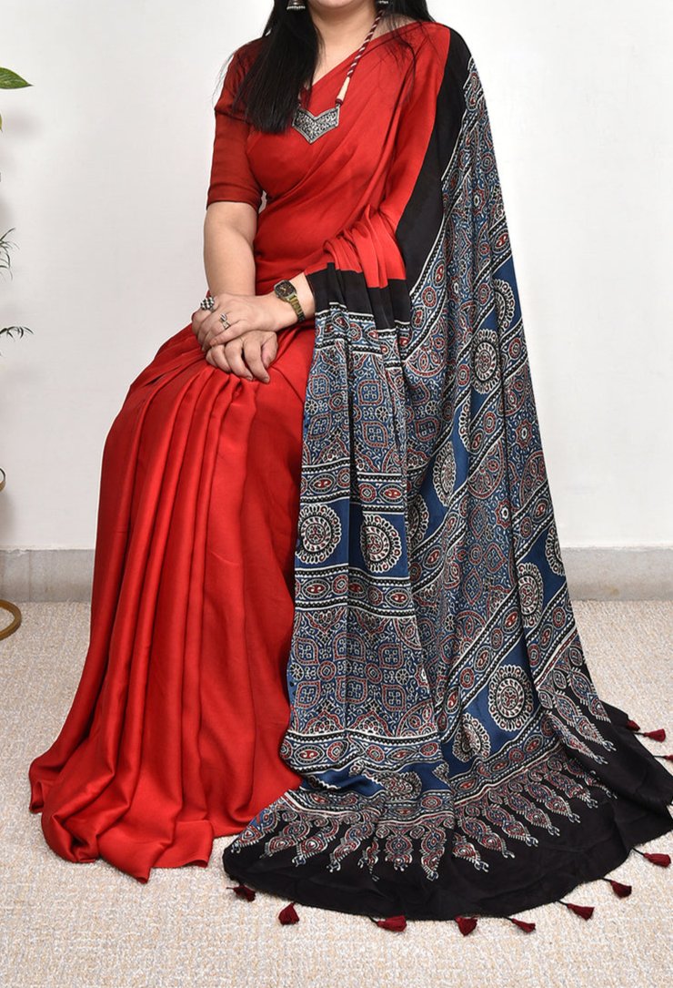 RED PLAIN MODAL SILK DIGITAL PRINTED SAREE