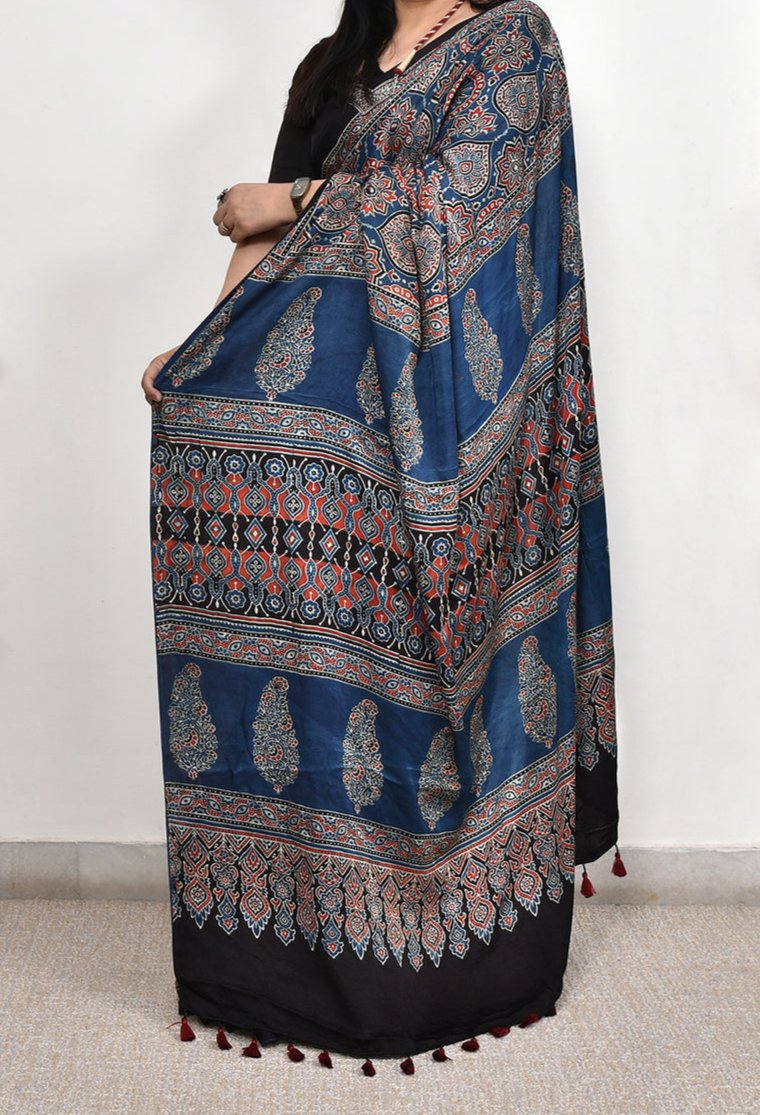 NAVY BLUE MODAL SILK DIGITAL PRINTED SAREE