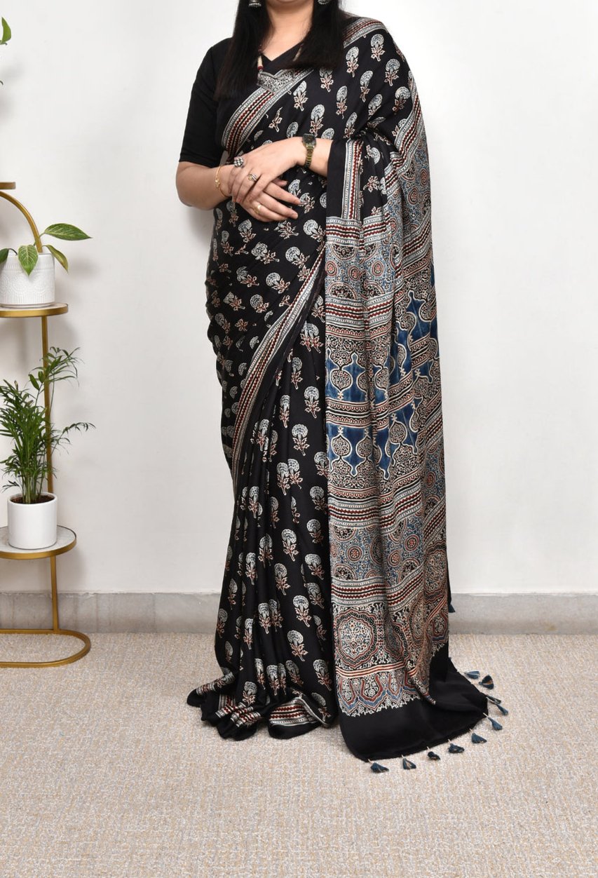 BLACK MODAL SILK DIGITAL PRINTED SAREE