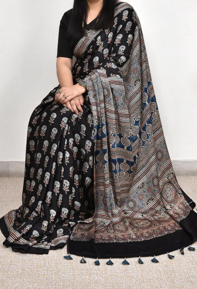 BLACK MODAL SILK DIGITAL PRINTED SAREE