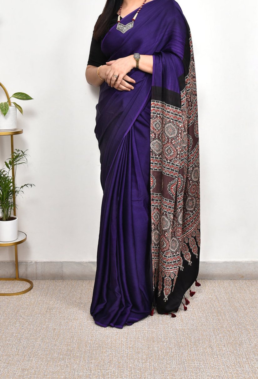ROYAL BLUE WITH PURPAL MODAL SILK DIGITAL PRINTED SAREE