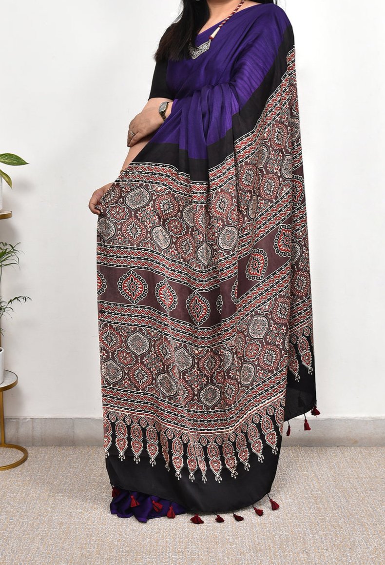 ROYAL BLUE WITH PURPAL MODAL SILK DIGITAL PRINTED SAREE