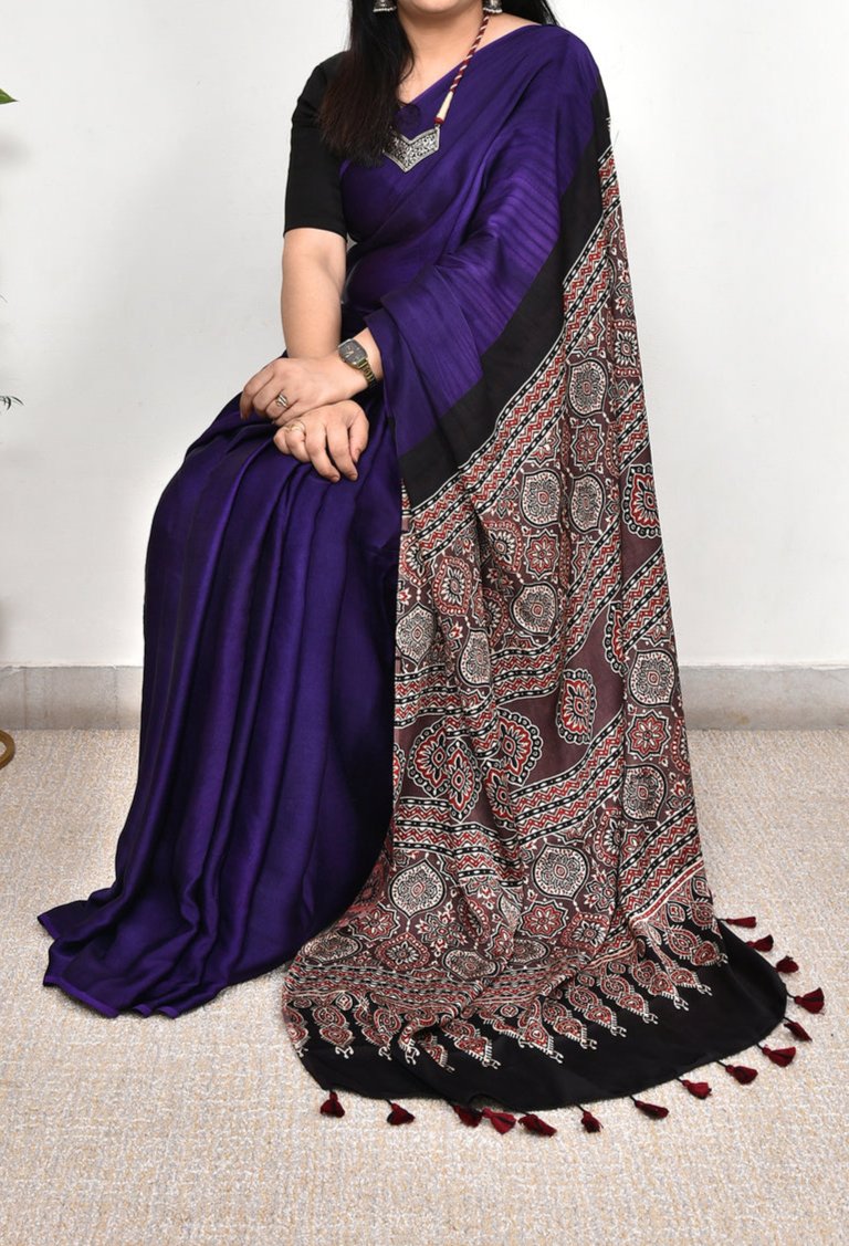 ROYAL BLUE WITH PURPAL MODAL SILK DIGITAL PRINTED SAREE