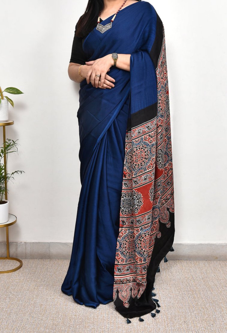 BLUE MODAL SILK DIGITAL PRINTED SAREE