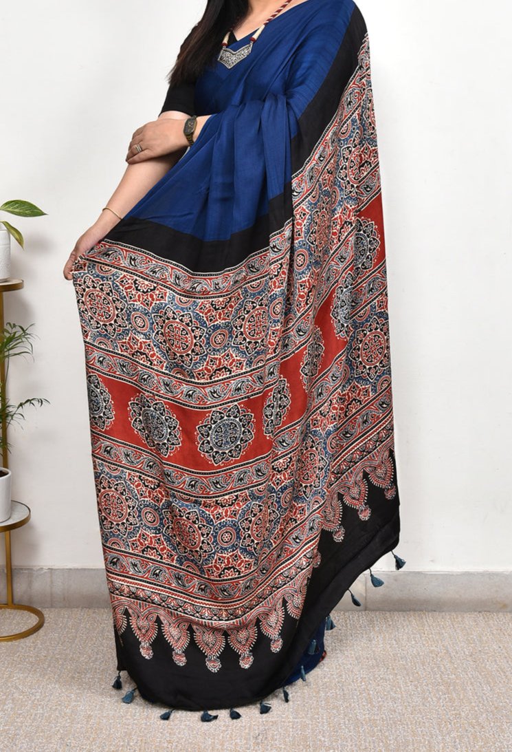 BLUE MODAL SILK DIGITAL PRINTED SAREE