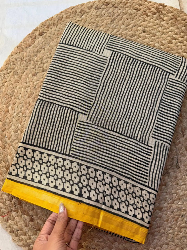 Black Yellow Line Designer Cotton Linen Saree
