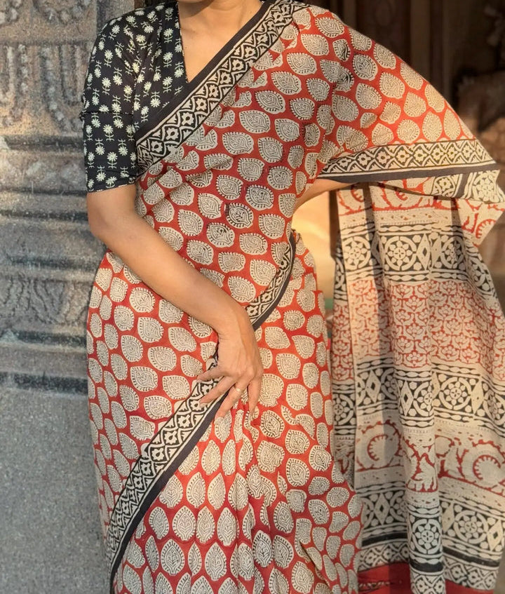 Block Design Cotton Linen Saree