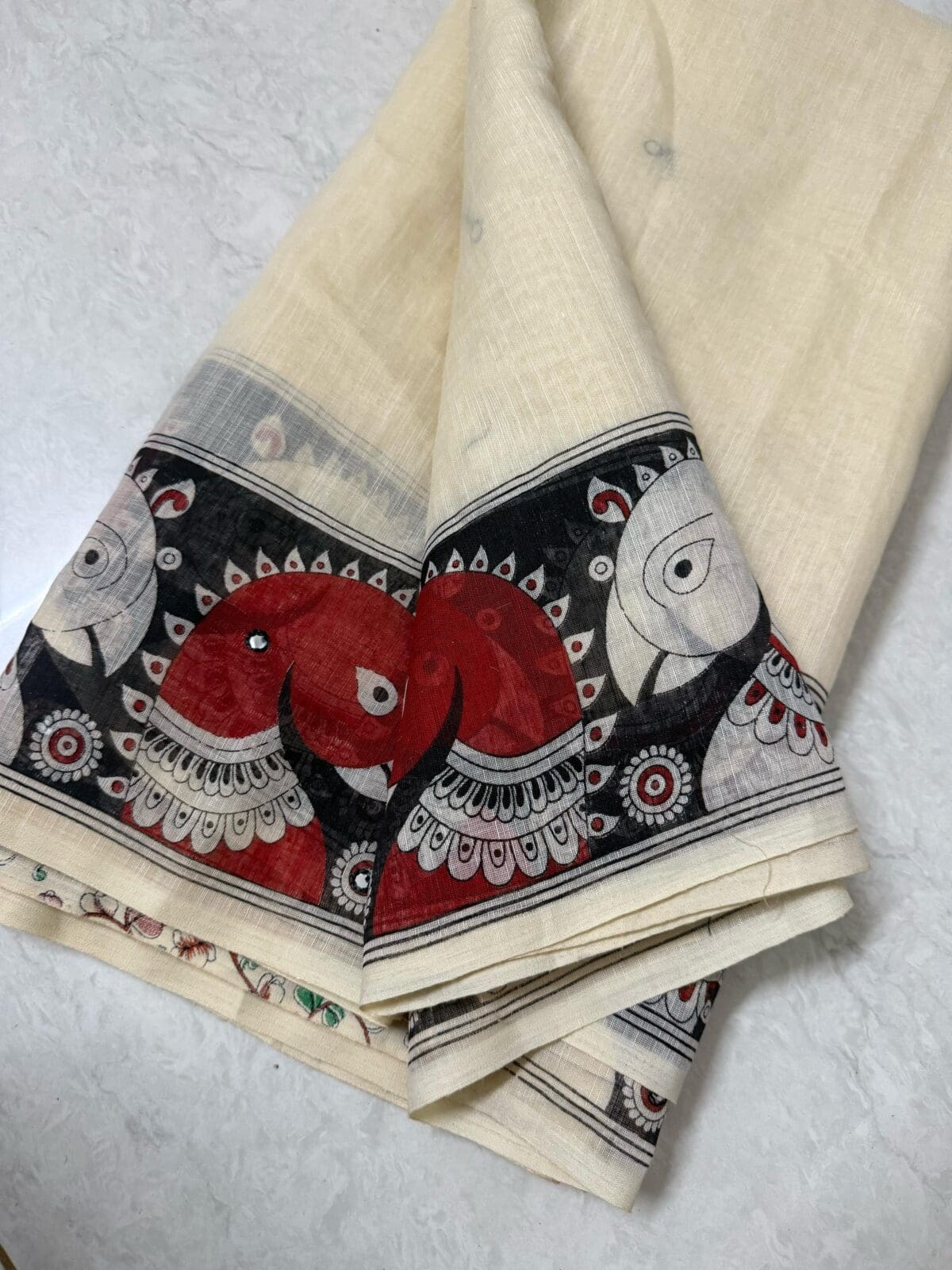 kalamkari Design White & Red Cotton Linen Saree