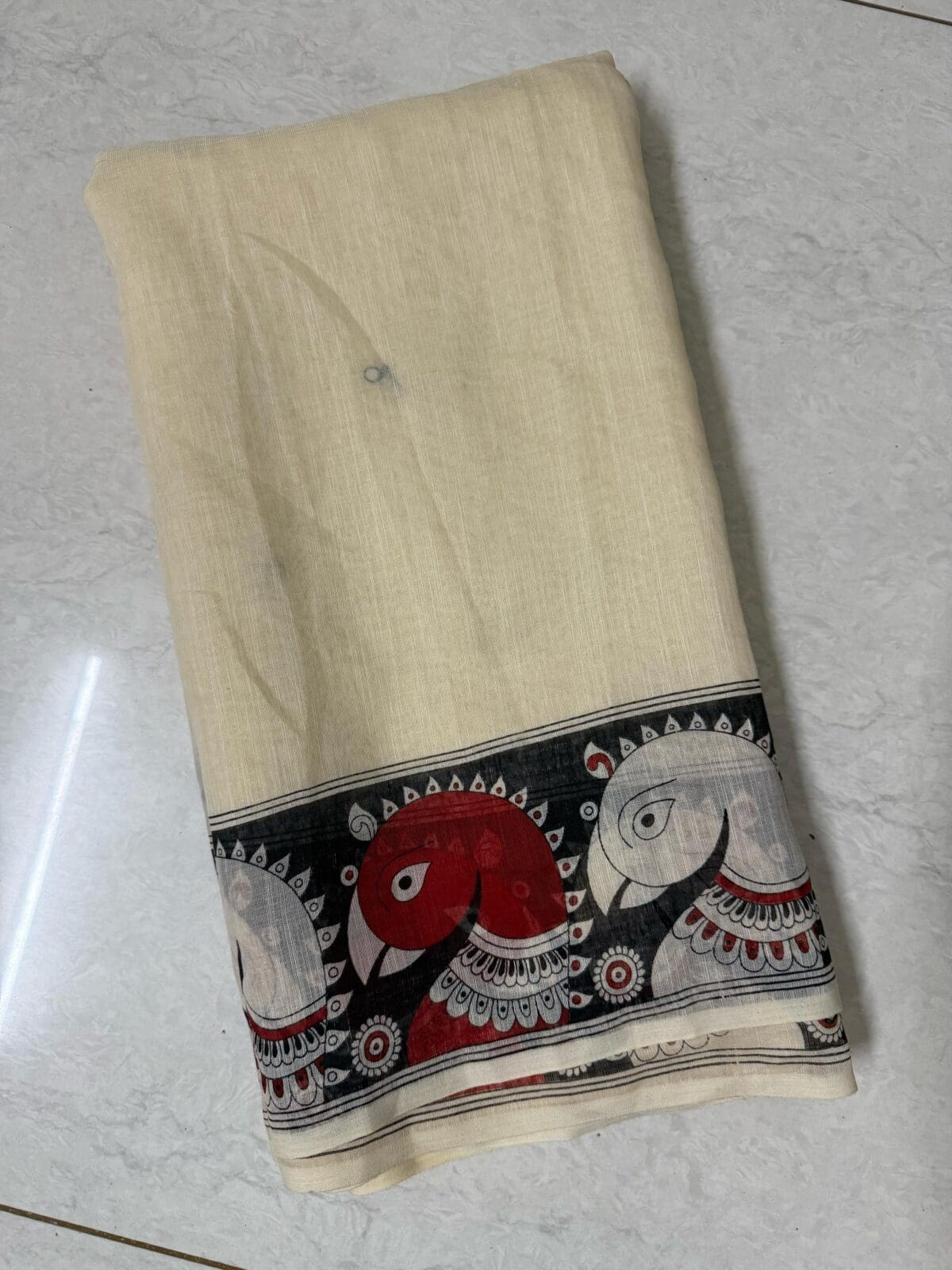 kalamkari Design White & Red Cotton Linen Saree