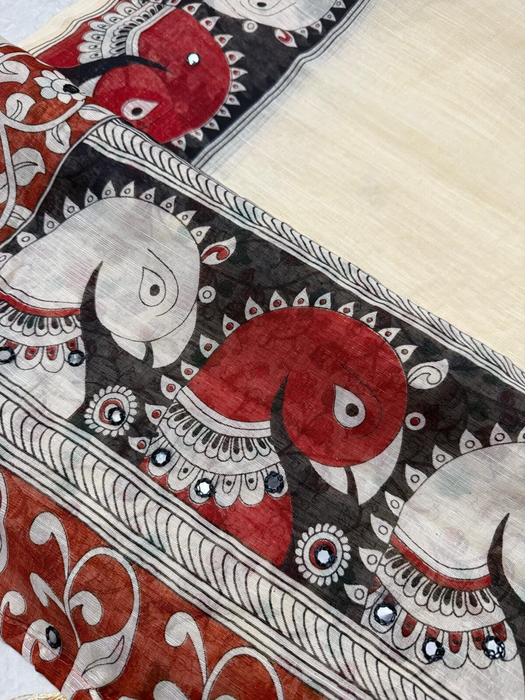 kalamkari Design White & Red Cotton Linen Saree