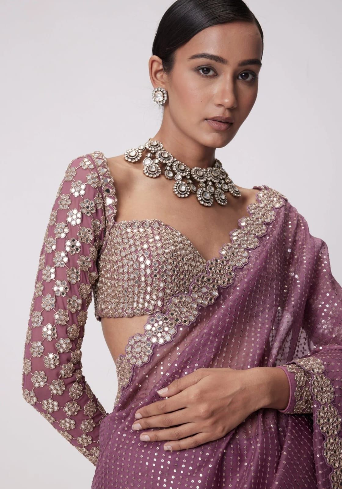 Trending Premium Real  Mirror Work Saree With Mirror Blouse
