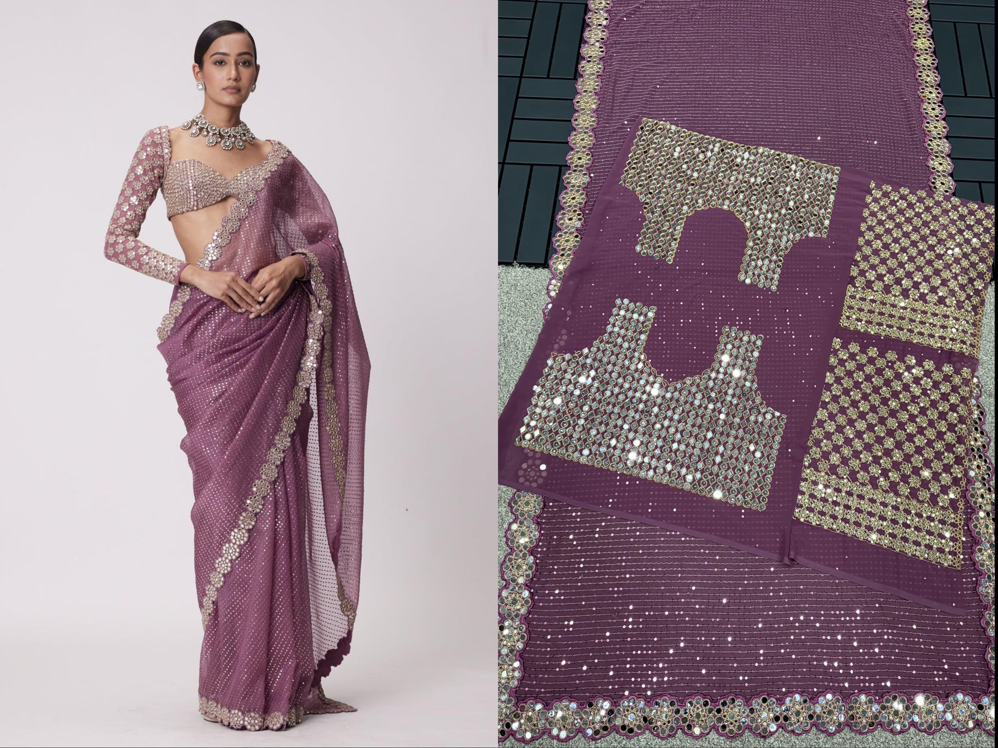 Trending Premium Real  Mirror Work Saree With Mirror Blouse