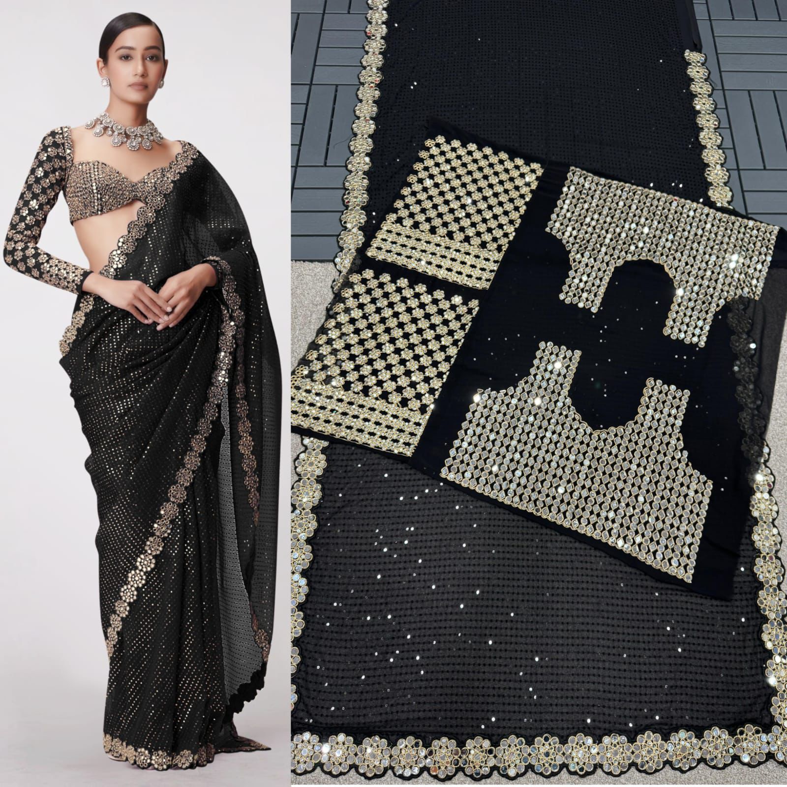 Trending Premium Real  Mirror Work Saree With Mirror Blouse