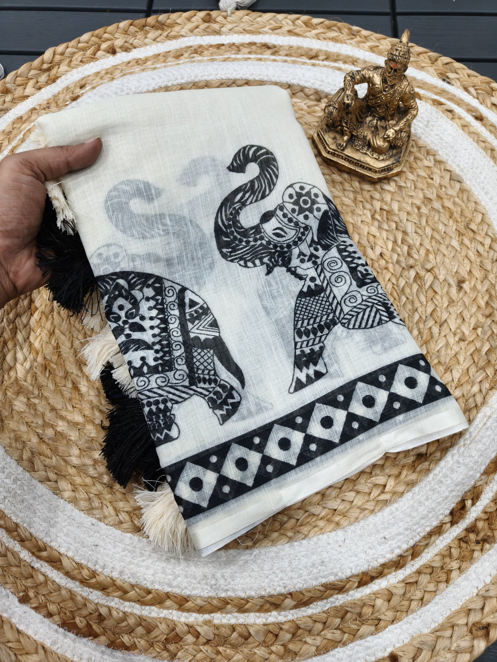 Pure White Elephant Design Cotton Linen Saree