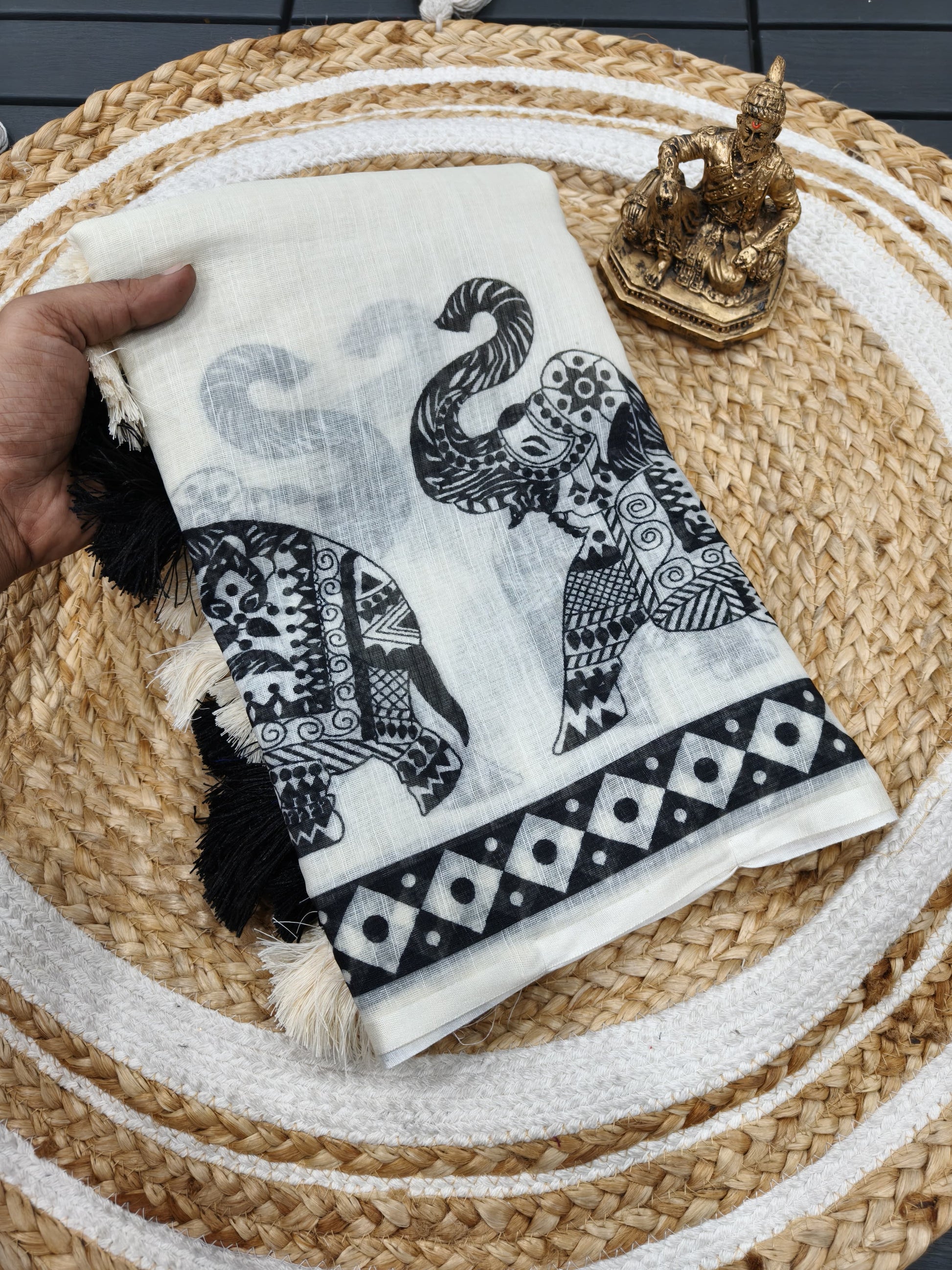 Pure White Elephant Design Cotton Linen Saree